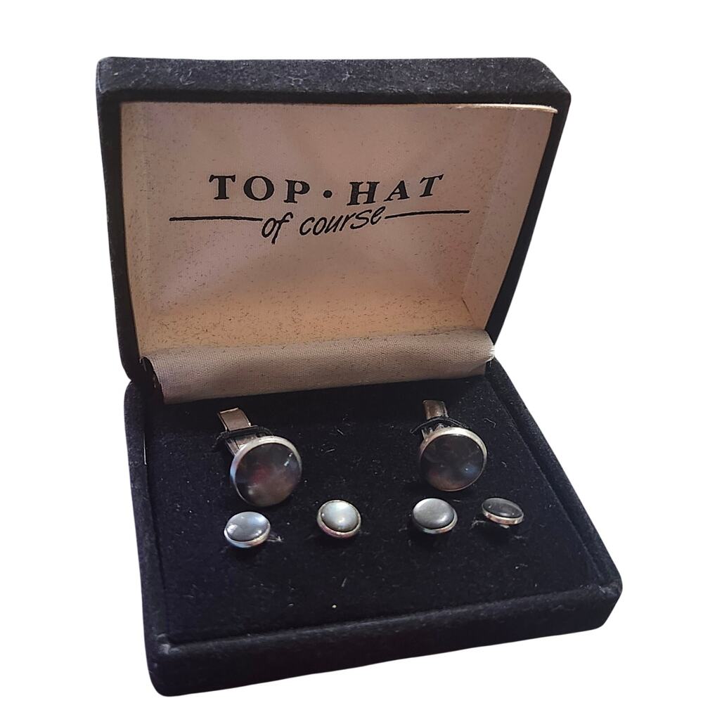 Vtg 1960s Top Hat Gray Cat's Eye Cufflink & Stud Dress Set w/ Box Unisex
